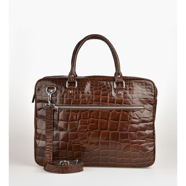 Laptop taske i brun læder med croco look. <!--@Ecom:Product.DefaultVariantComboName-->