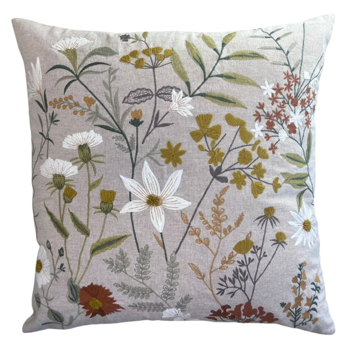 Pude med broderet hvid lilje, beige 50 x 50 cm
