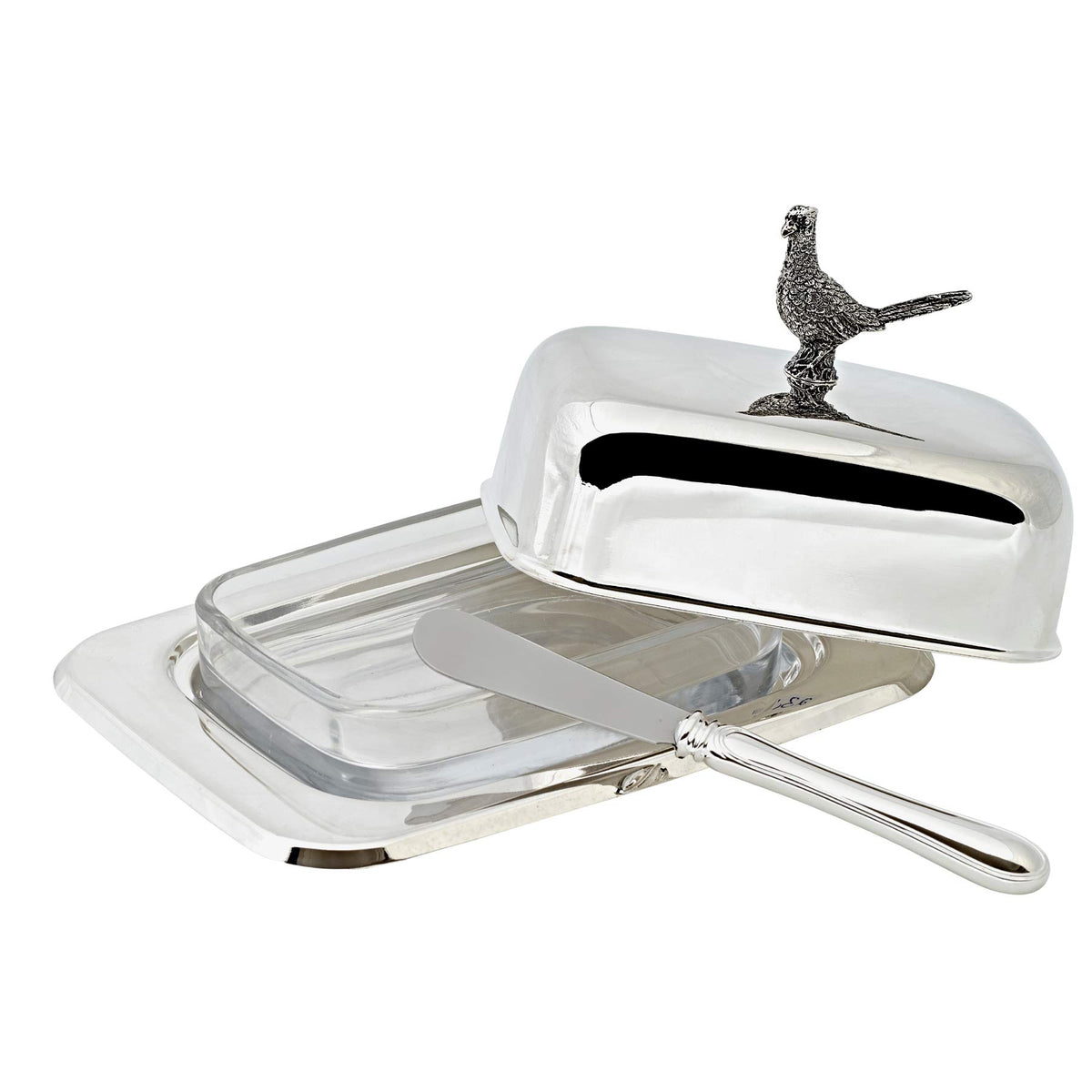 Butter serving dish i ´sølv´ med fasan, lgd. 18 cm