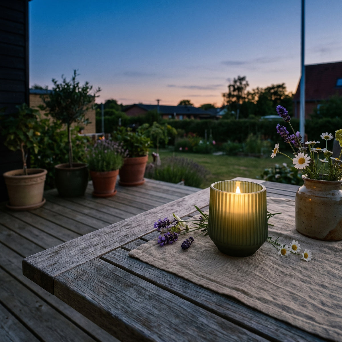 LED LYS - DUFTLYS I GLAS - GRØN/SERENITY i brug udendørs i aftenlys